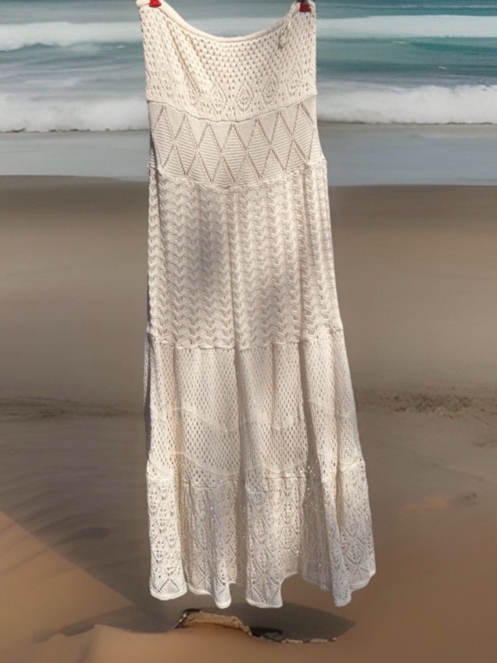 Farm Rio Anthropologie Summer Cream Strapless Crochet Dress Size Medium EUC - Picture 7 of 15